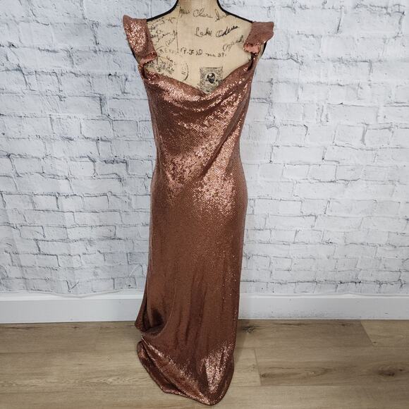 Rachel Zoe cecilia rose gold sequin gown Sz 12 Maxi formal Dress ACLC - Picture 3 of 5